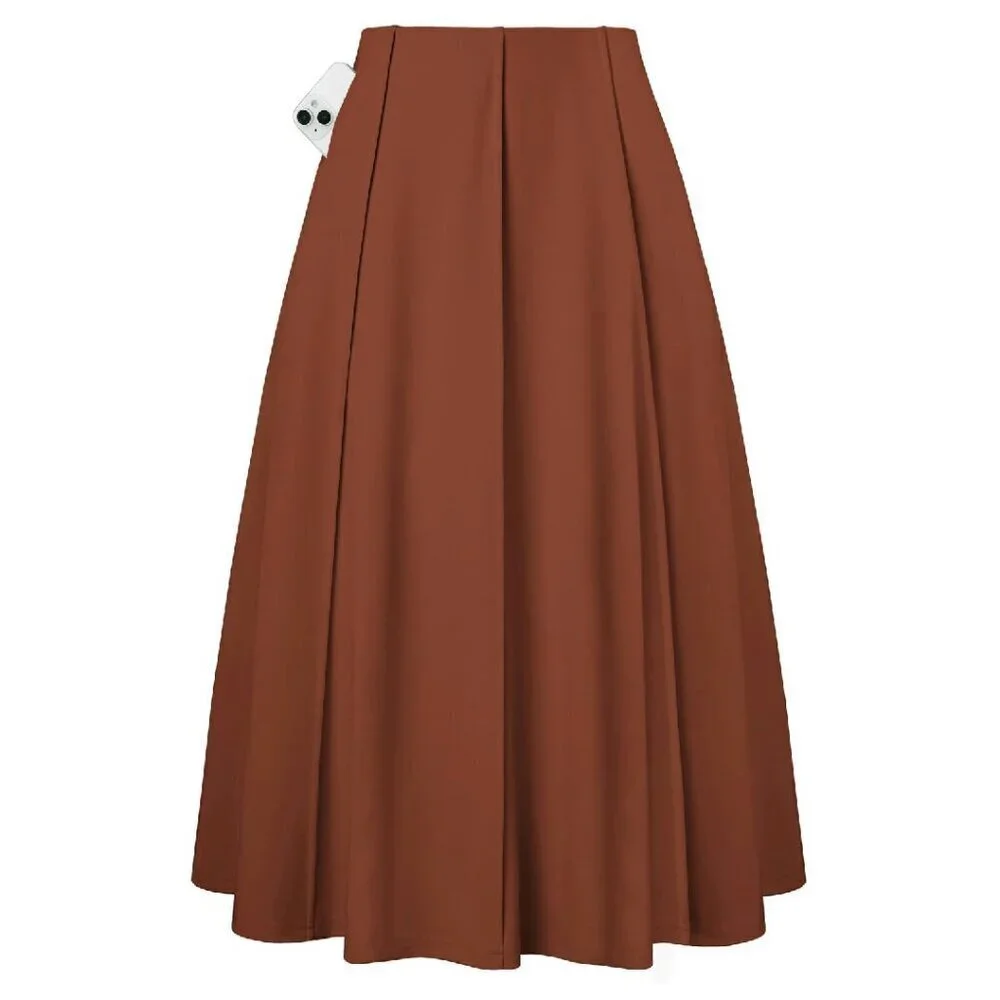 High Waisted Pleated Midi Skirt with Pockets Flowy A-Line Swing